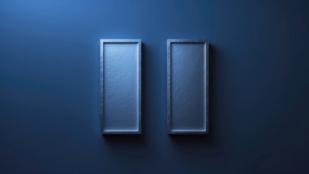 Displaying two tall narrow metal panels mounted on smooth dark blue studio wall, subtle shadows - Powered by Adobe