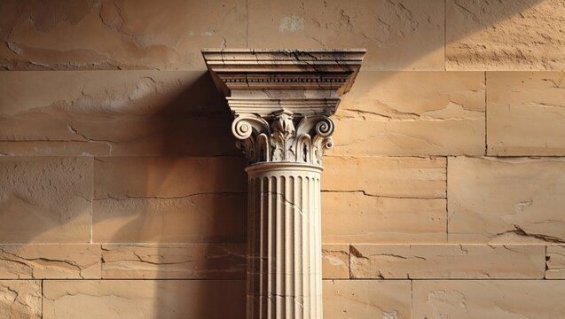 Standing Corinthian column with fluted shaft and carved capital against sandstone wall in hall