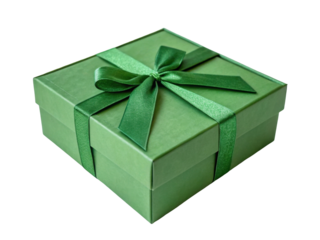 Elegant Green Gift Box with Shiny Ribbon Tied on a Transparent Background for Celebrations
