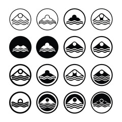 Collection of minimalist mountain and wave icons set in circle frames for design elements