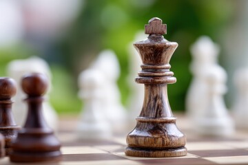 Fototapeta premium Close-up of a wooden chess king piece on a chessboard with blurred background of other chess pieces and natural outdoor setting du daytime