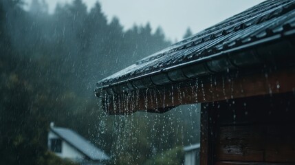 Rainy Day Dark Gray Roof with Water Droplets and Blurred Background