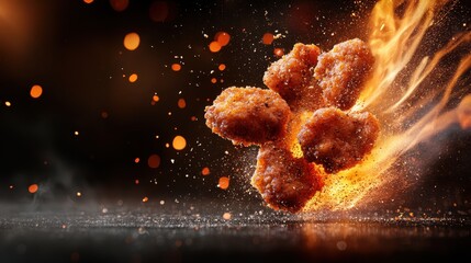 A vivid capture of crispy chicken nuggets bursting with flavor, surrounded by elements of fire and spice that bring the excitement and temptation of delicious food to life.