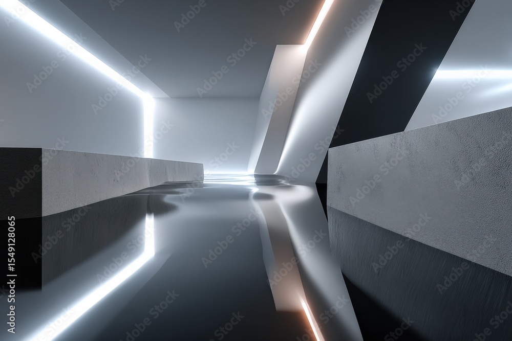Poster Futuristic modern architectural interior design with sleek reflective surfaces and dynamic lighting creating a minimalist high-tech environment