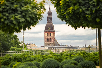 Old Riga towers and clocks in Latvia