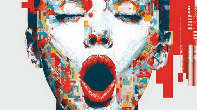 Stylized digital artwork depicting a surprised face with closed eyes and wide-open mouth, using essential geometric patterns on a clean white backdrop to emphasize modern minimalist artistry