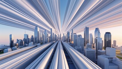 Depicting skyscrapers rising in stylized cityscape, with metallic beams forming radial tunnel