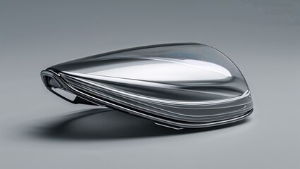 Presenting single metallic object on gray backdrop, with layered curves and teardrop silhouette