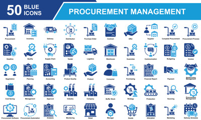 Procurement Management  Icon Set Collection. Containing Procurement, Management, Supply Chain, Purchasing, Sourcing, Inventory, Logistics, Allocation, Distribution.  Simple Blue Vector Illustration.