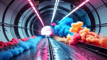 Drifting colorful smoke plumes flowing along tracks inside neon lit tunnel, toward glowing portal