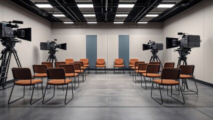 Featuring cluster of orange upholstered chairs facing front in studio, with professional cameras