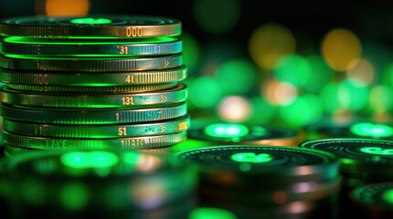 A stack of coins illuminated from below by small green lights