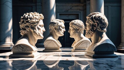 Standing four white marble busts casting shadows in gallery hall, polished marble table