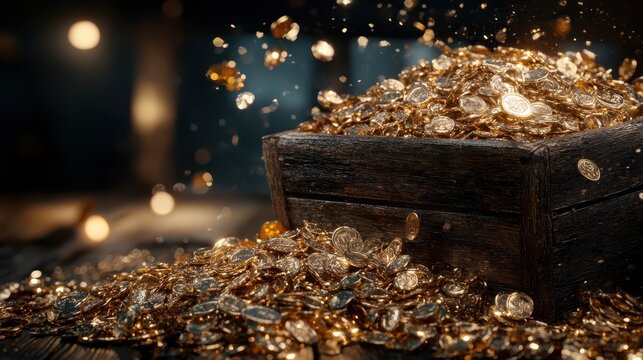 A wooden treasure chest filled to the brim with shimmering gold coins, inviting curiosity and representing wealth, adventure, and the allure of hidden treasures throughout time.