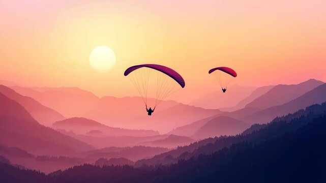 paragliding adventure in mountain landscape at sunset illustrated animation