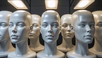 Presenting central glossy white mannequin head resting on pedestal in showroom, with ceiling lamps