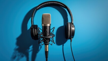 Displaying black condenser microphone in shock mount at recording studio, with over ear headphones