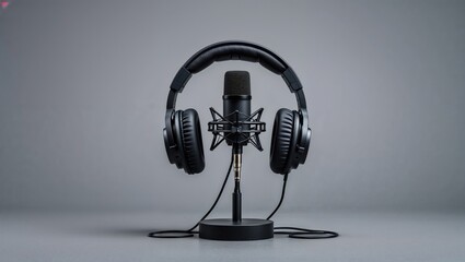 Showcasing black condenser mic in shock mount on stand in studio, with headphones and cable