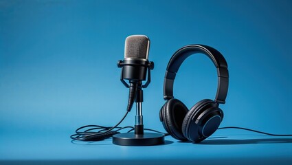 Showcasing condenser microphone and headphones sitting in studio on desk, with coiled audio cable