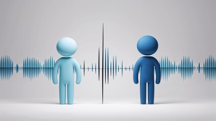 Showcasing two stylized avatars standing in virtual studio, with digital sound wave visualization