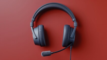 Showing black wired headset resting on red backdrop, with padded ear cups, boom mic and cable
