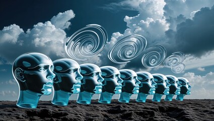 Aligning translucent teal heads on rocky plain under cloudy sky, swirling metallic vortex spirals