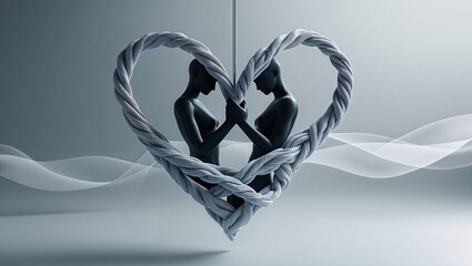 Kneeling dark abstract figures clasping hands in studio, with heart-shaped braided rope and ribbon