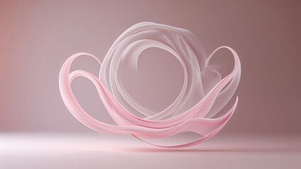 Floating abstract ribbon sculpture forming pink and white loops in minimalist studio, pastel theme
