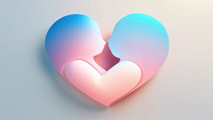 Forming stylized heart using abstract human profiles on grey background, pastel pink blue gradient