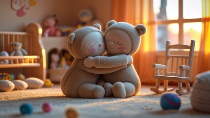 Hugging bear-costumed plush dolls sitting embracing in nursery, crib, rocking chair, colorful balls