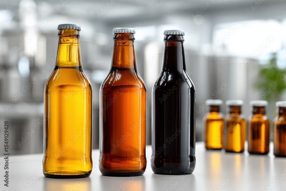 Poster assorted glass bottles with different colors and sizes including amber brown and dark brown in a bri