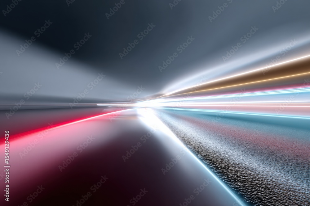 Poster long exposure photograph of a highway at night with streaks of colorful light trails from moving veh