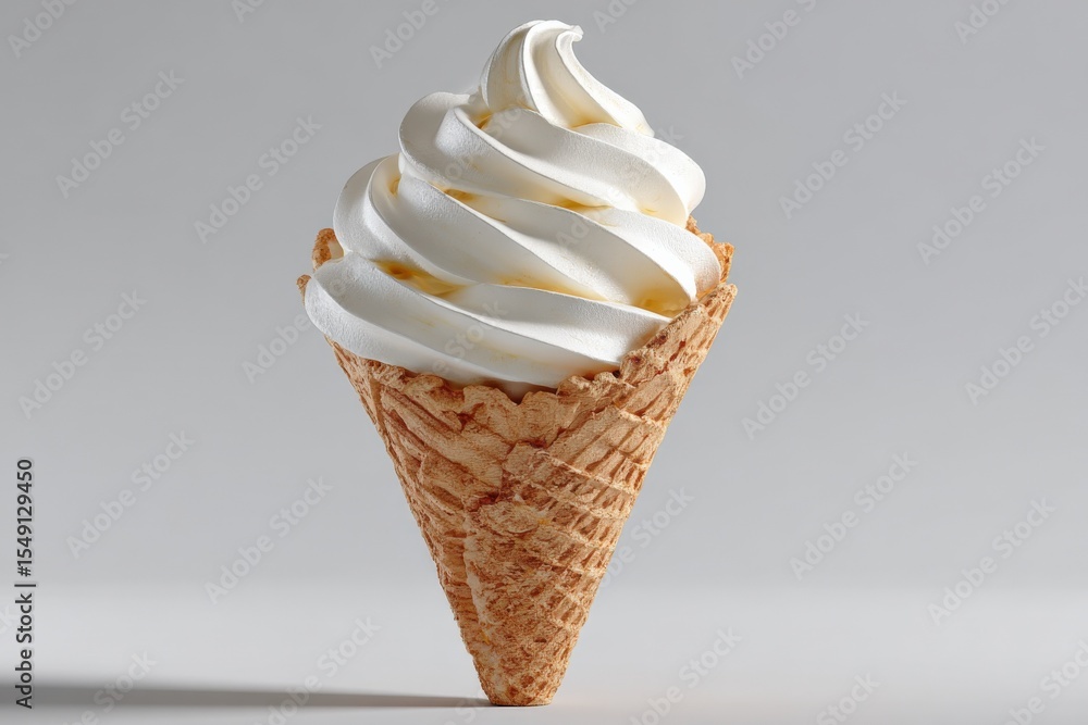 Poster close-up of a delicious classic vanilla soft serve ice cream swirled in a crispy waffle cone with a 