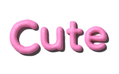 Pink clay letters spell 'Cute' isolated  on white background. clay texture. 3d rendering