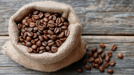 arabica coffee beans in burlap sack.