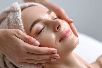 Relaxing woman receiving a facial massage with eye closed in a spa setting, close-up of tranquil facial skincare treatment for wellness or beauty therapy