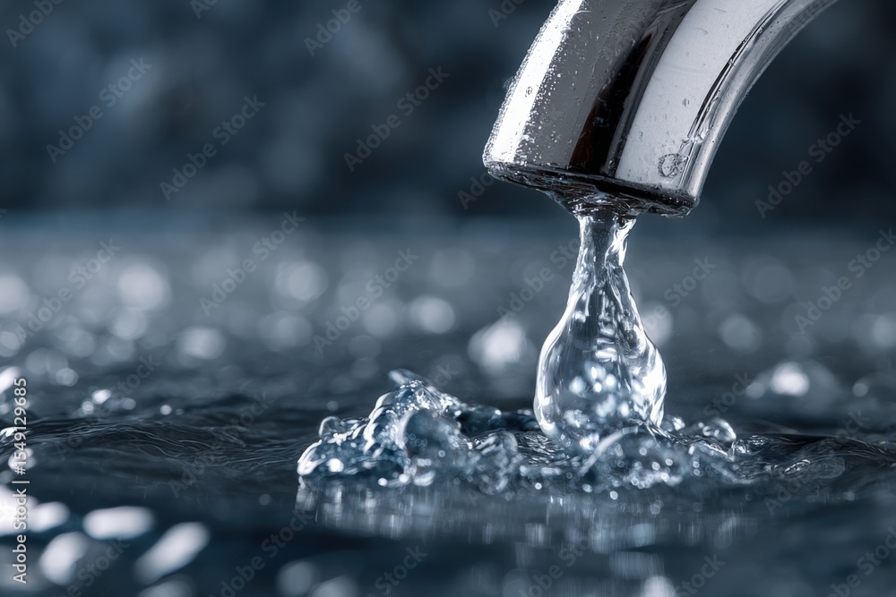 Poster Close-up of running water flowing from a modern faucet in a kitchen sink with splash and droplets on a dark background