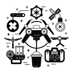 Modern drone technology elements arranged in a sleek monochrome graphic design illustration