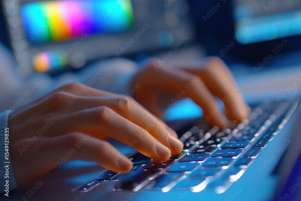 Poster Close-up of a person's hands typing on a backlit laptop keyboard with a colorful digital screen in the background, technology work concept