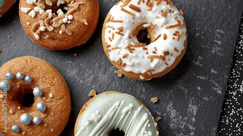 Aufkleber assorted donuts with various toppings arranged on a dark surface from a top down perspective