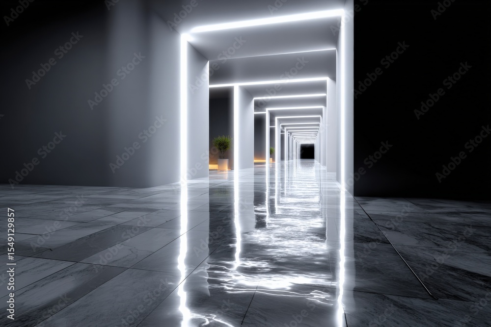 Aufkleber Futuristic Tunnel with Rectangular Neon Light Frames Reflections on Marble Floor Illumination Modern Minimalist Architecture Corridor