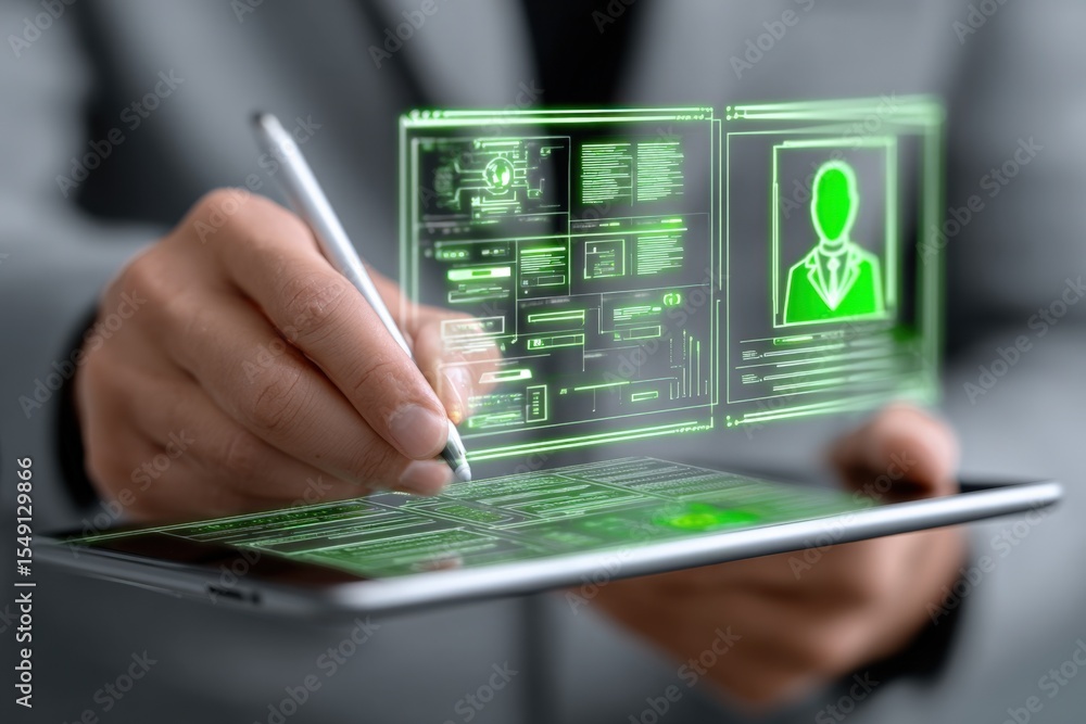 Poster Futuristic Digital Identity Verification Technology with Virtual Profile and Data Access on Transparent Touchscreen Device
