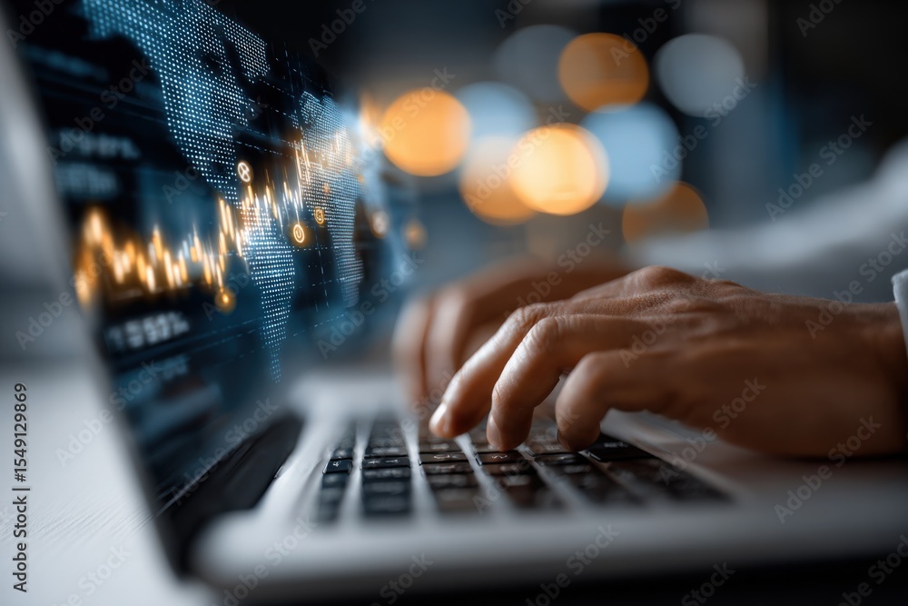 Aufkleber Businessman Hand Typing on Laptop Computer with Digital Financial Data and Graphs Displayed on Screen in a Modern Office Setting at Night