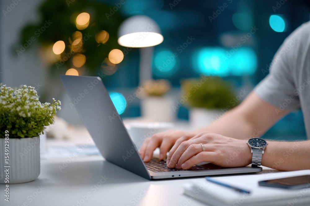 Poster person using laptop computer at modern desk with plants and notepad in bright home office environmen