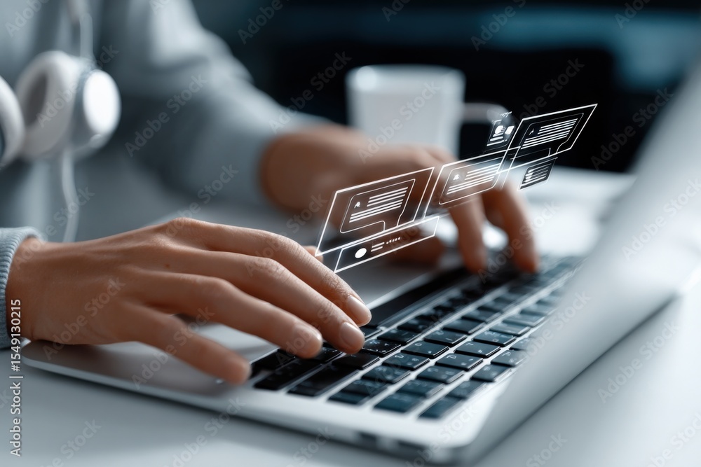Poster Modern person working on a futuristic transparent digital interface on a laptop computer in a contemporary office environment
