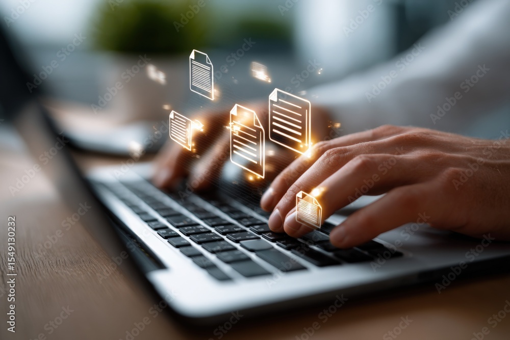Poster Modern digital technology workspace with holographic document icons and hand typing on laptop keyboard for digital innovation