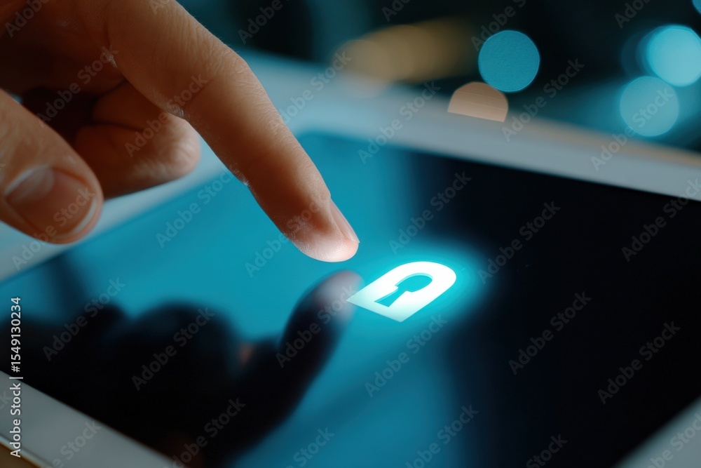 Poster close-up of a human finger pressing a glowing digital lock icon on a touchscreen device, representin