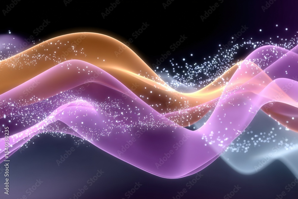 Aufkleber Abstract colorful wave patterns with glowing particles flowing across dark background for digital art design and futuristic visuals