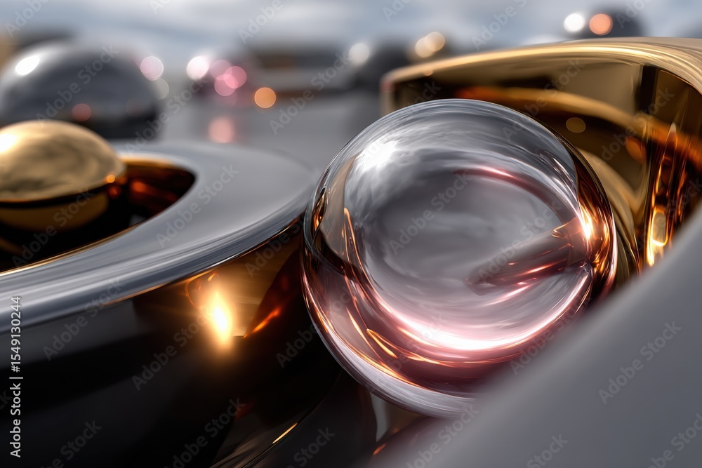 Poster abstract metallic and glass spheres with reflections and shadows on a vibrant modern surface in a hi