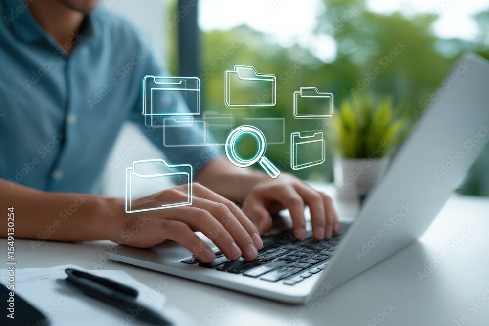 Poster modern digital document management with futuristic glowing folder icons on a laptop screen in a brig